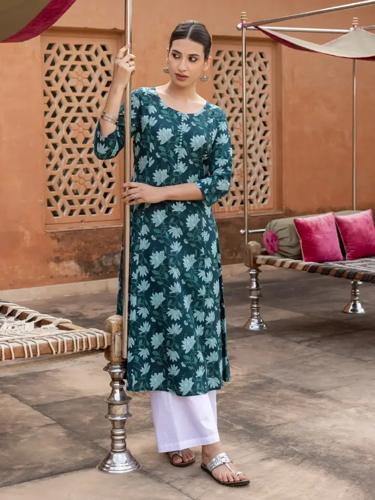 Deep Teal Green Floral Print Straight Kurta with Round Neck