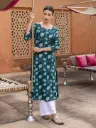 Deep Teal Green Floral Print Straight Kurta with Round Neck