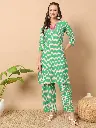 Green & White Zigzag Printed Kurta Set with Pink Embellished Neckline