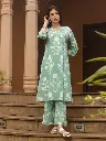 Mint Green Floral Printed Kurta Set with V-Neckline