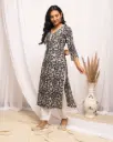 Navy Blue Floral Print Straight Kurta with Lace Detailing