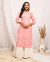 Peach-Pink Floral Print Straight Kurta with Subtle Lace Accents