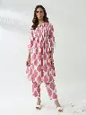 Pink Leaf Printed Kurta Set with Pintuck Detailing