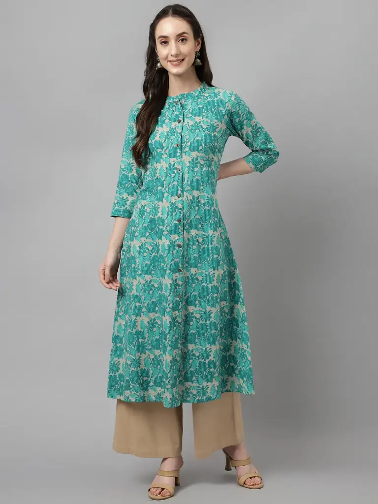 Teal Green Floral Print Straight Kurta with Mandarin Collar