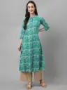 Teal Green Floral Print Straight Kurta with Mandarin Collar