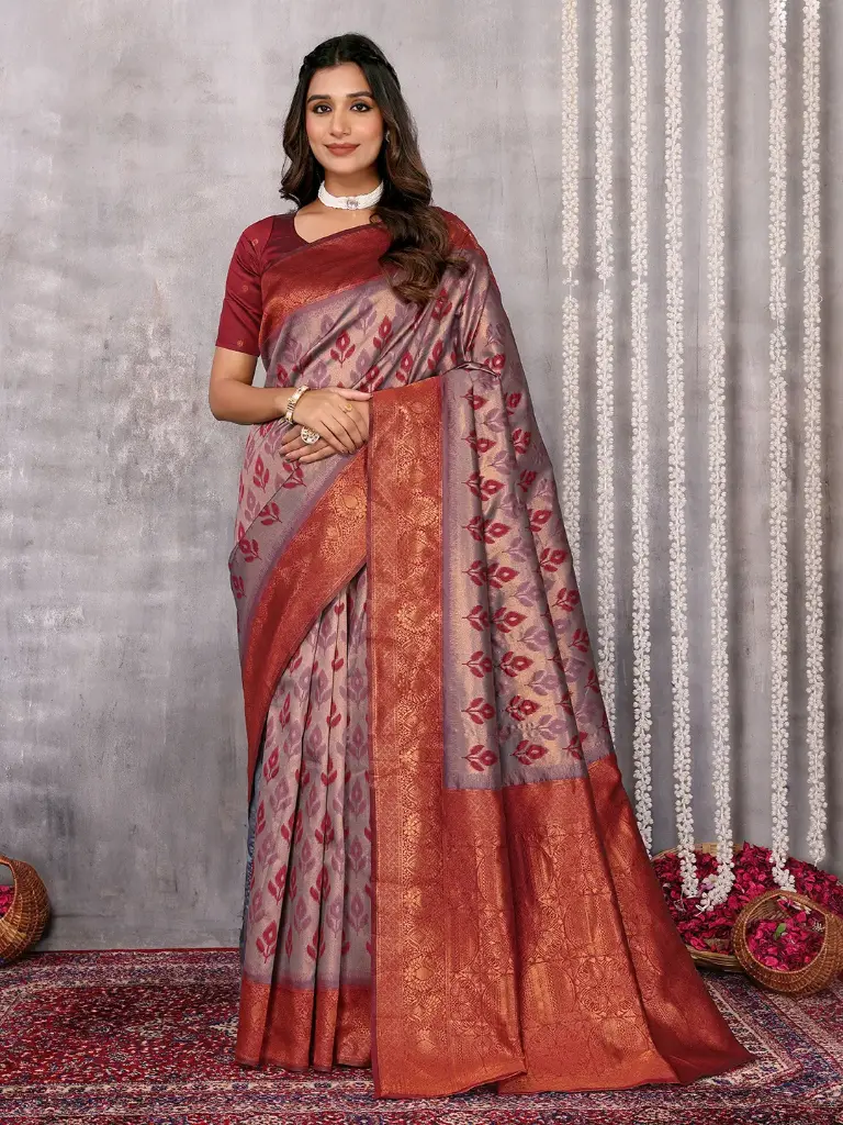 Grey and Rust Semi Saree in Banarasi Silk with Zari Woven Floral Motifs