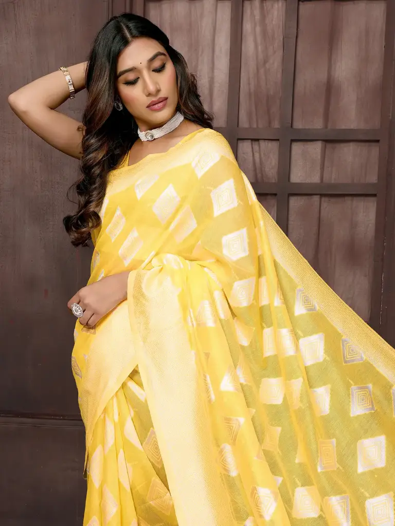 Sunlit Yellow Semi Saree with White Geometric Zari Motifs