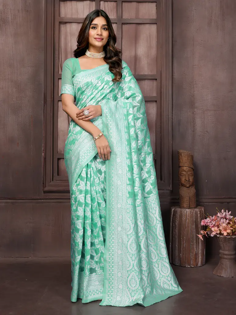 Sea Green Woven Semi Saree in Banarasi Silk Finish with Silver Zari Accents