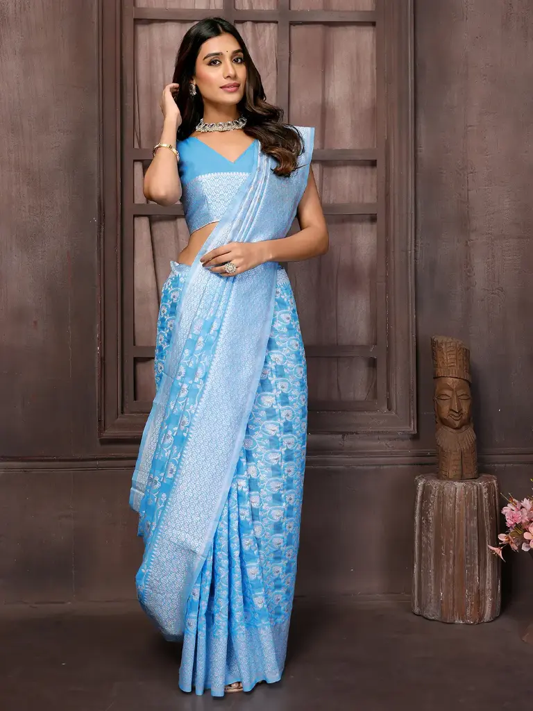 Sky Blue Banarasi Silk Semi Saree with Silver Zari Weaving