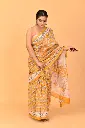 Sunset Mustard Handblock Printed Cotton Saree with Floral Motifs