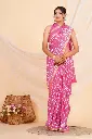 Pink Handblock Cotton Saree with White Floral Prints and Gold Border