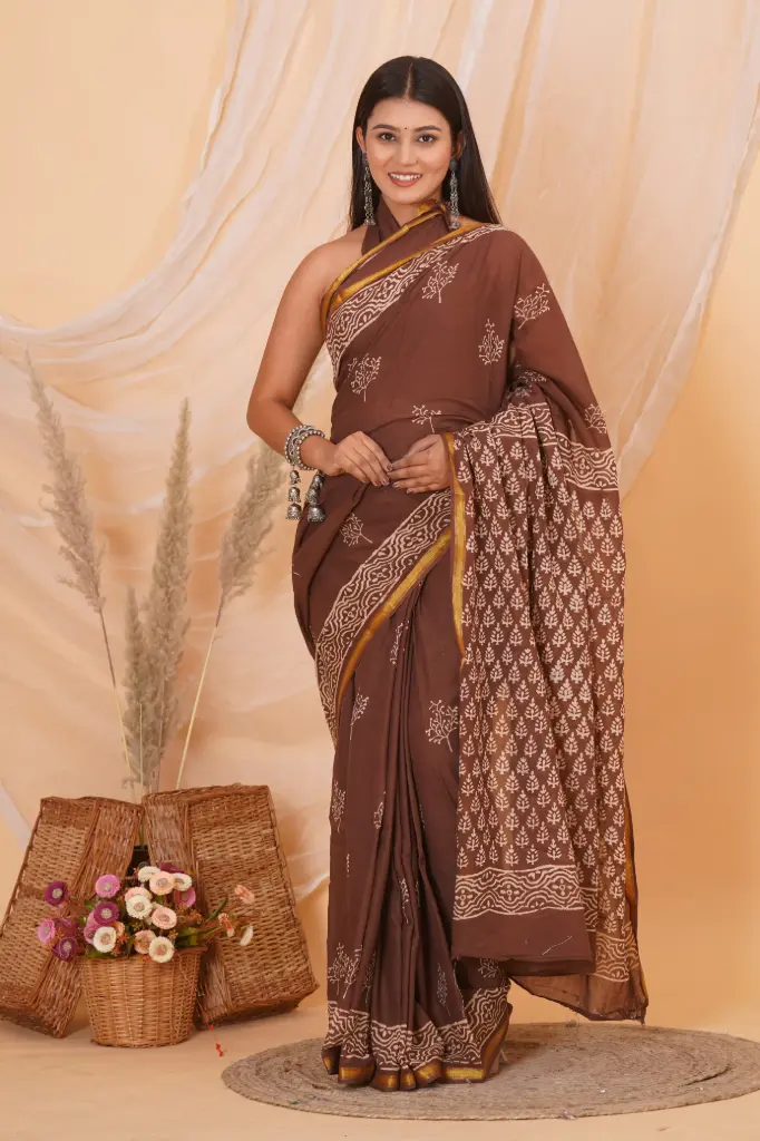 Handcrafted Brown Cotton Saree with Traditional Block Print & Golden Border