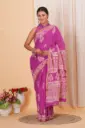 Elegant Magenta Pink Cotton Saree with Hand Block Print & Golden Zari Border