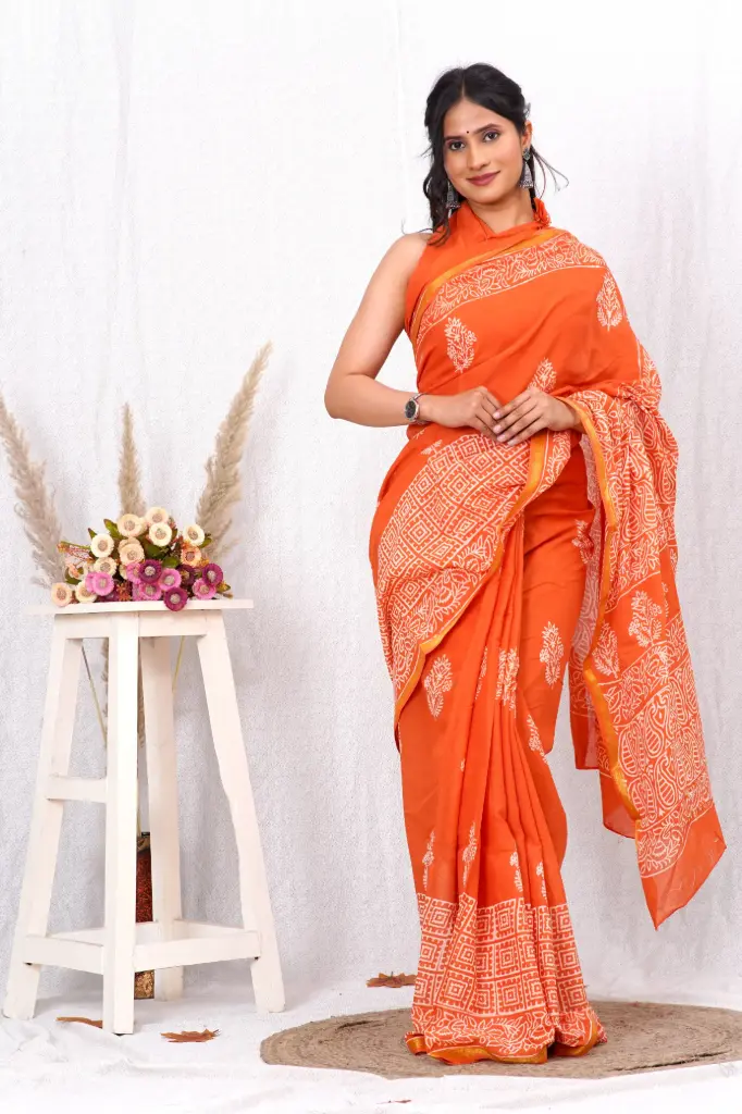 Rust Orange Cotton Saree with White Hand Block Prints & Zari Border