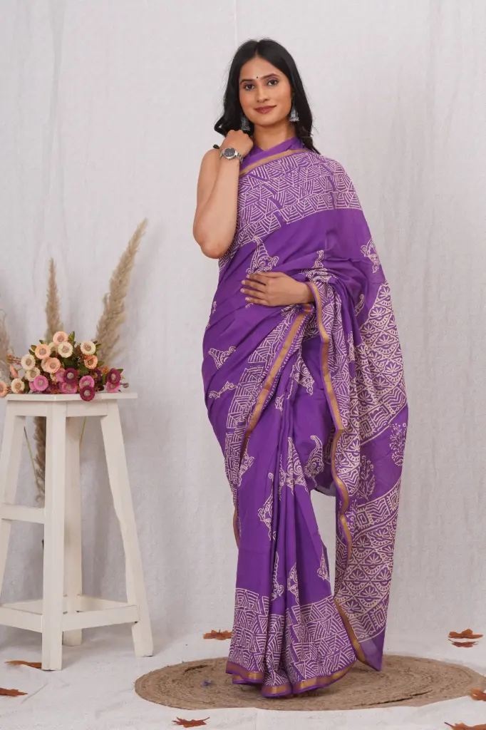 Royal Purple Cotton Saree with White Hand Block Prints & Zari Border
