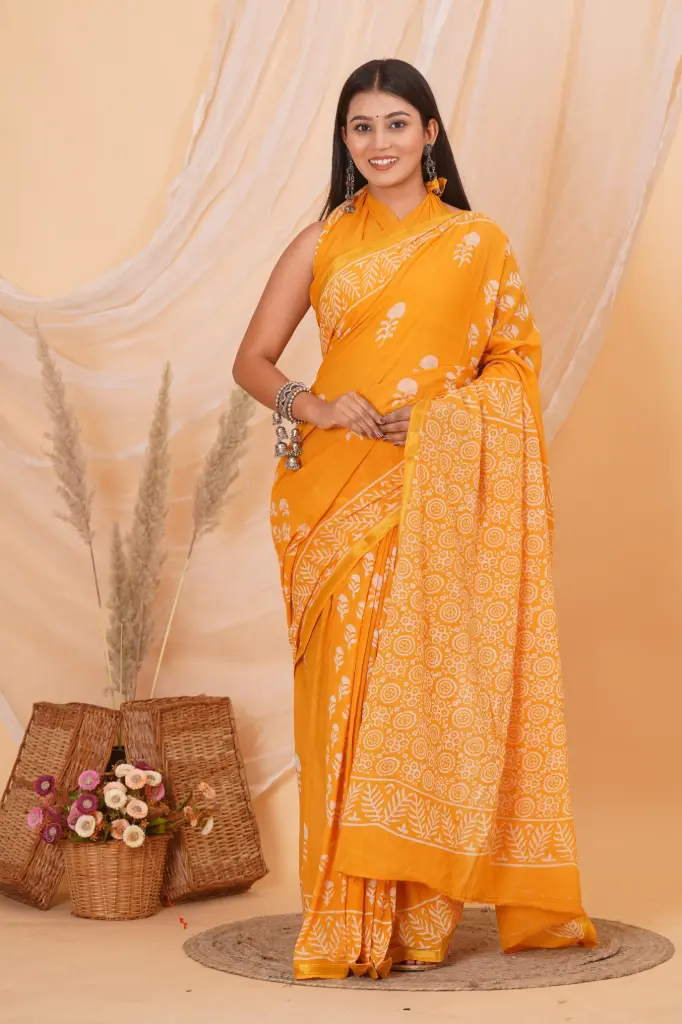 Sunshine Yellow Hand Block Printed Cotton Saree with White Floral Motifs