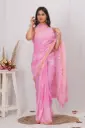 Blush Pink Hand Block Printed Cotton Saree with White Tree & Leaf Motifs 