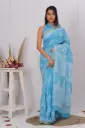 Sky Blue Hand Block Printed Cotton Saree with Floral & Paisley Motifs