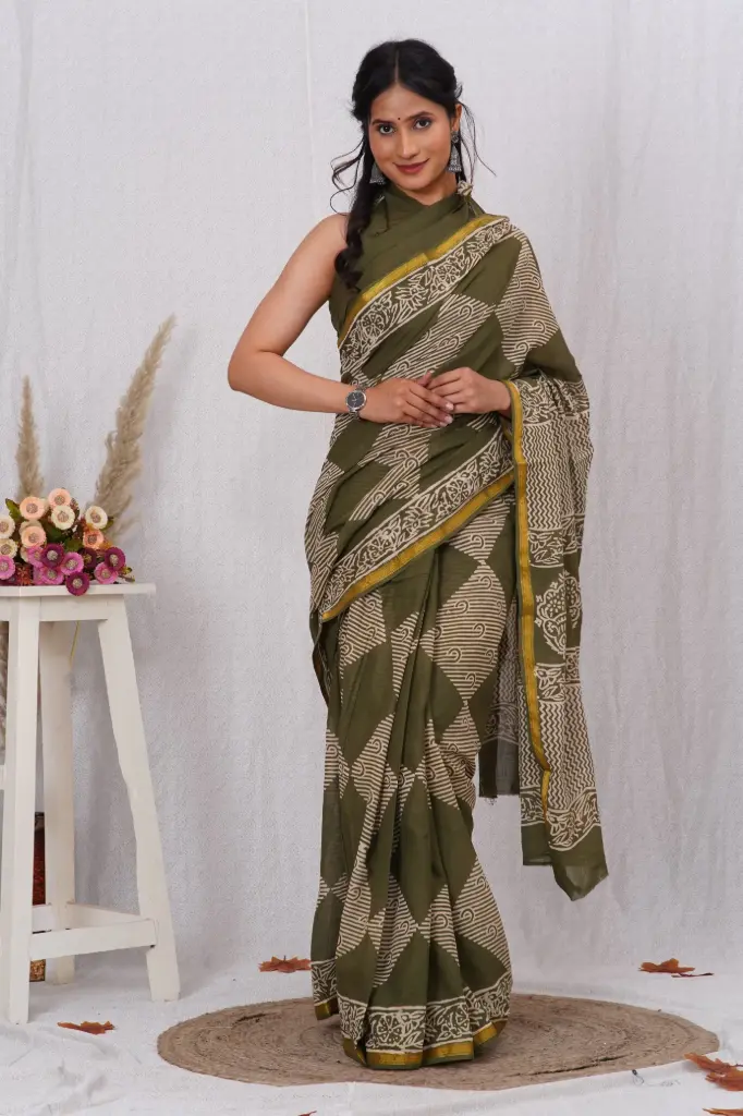 Olive Green Hand Block Printed Cotton Saree with Geometric & Tribal Motifs