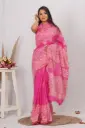 Hot Pink Hand Block Printed Cotton Saree with Cream Tribal Motifs & Golden Border