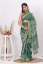 Elegant Bottle Green Hand Block Printed Cotton Saree with Golden Border