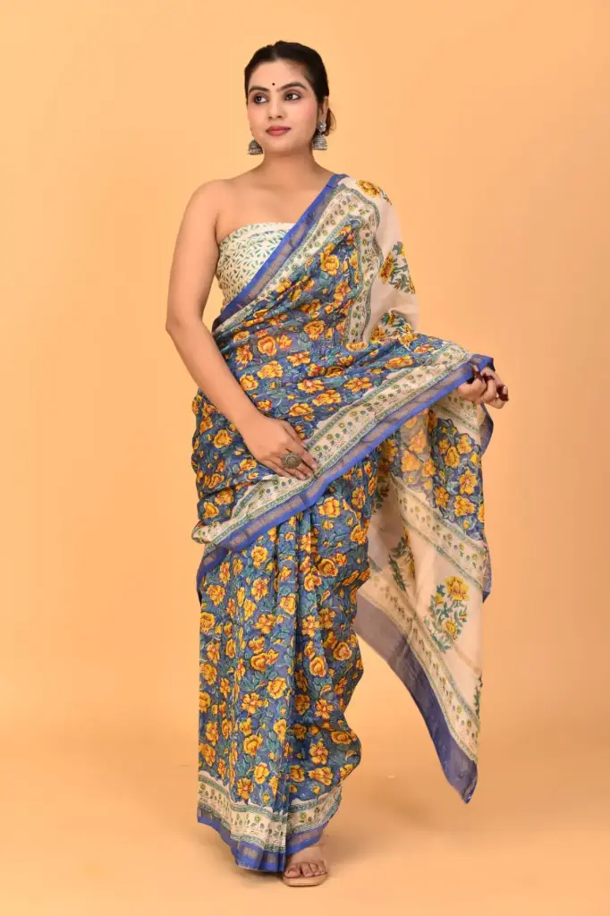 Blue & Ivory Handblock-Style Floral Printed Cotton Saree with Contrast Pallu