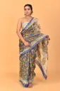 Blue & Ivory Handblock-Style Floral Printed Cotton Saree with Contrast Pallu