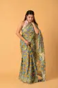 Blue & Yellow Floral Handblock Print Cotton Saree with Beige Pallu