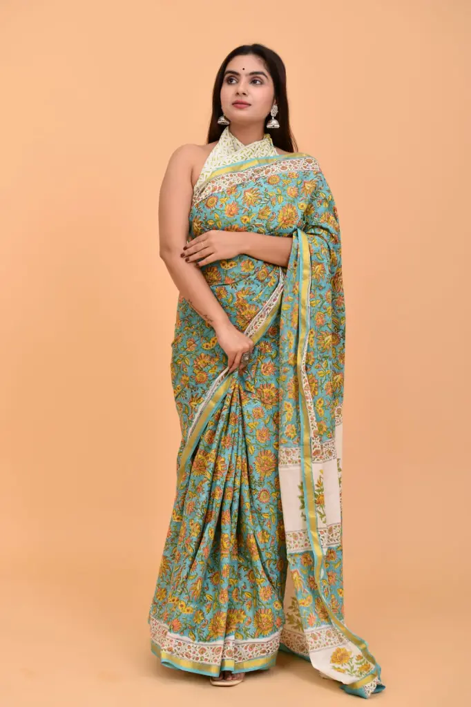 Mint Green & Mustard Floral Handblock Print Cotton Saree with Ivory Pallu 