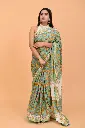 Mint Green & Mustard Floral Handblock Print Cotton Saree with Ivory Pallu 