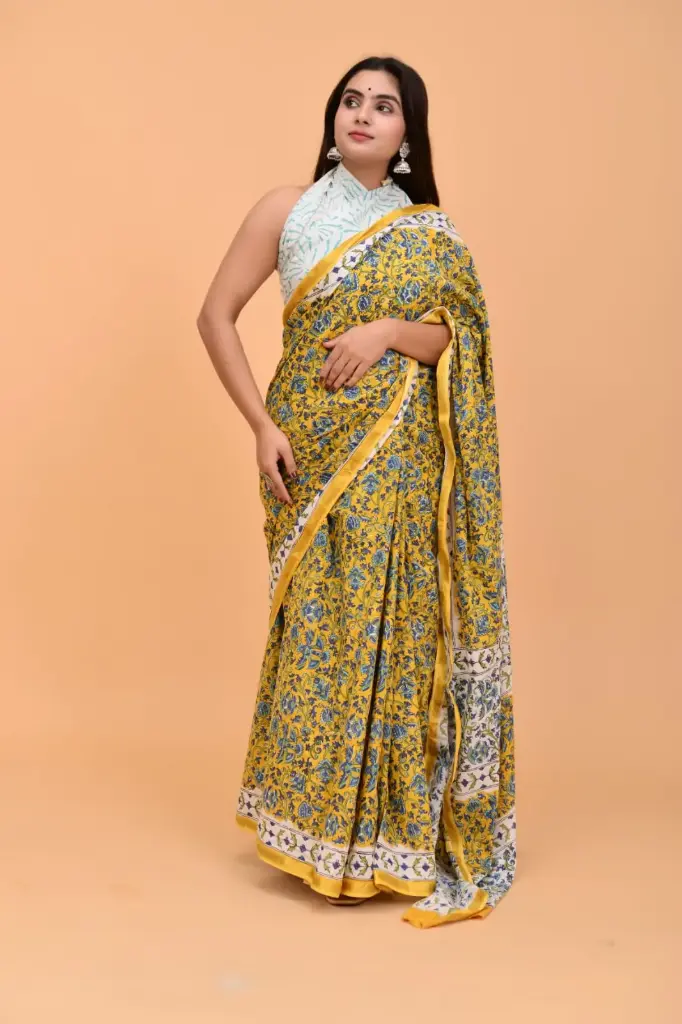 Mustard Yellow & Blue Handblock Floral Print Cotton Saree with Contrast White Pallu