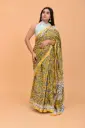 Mustard Yellow & Blue Handblock Floral Print Cotton Saree with Contrast White Pallu