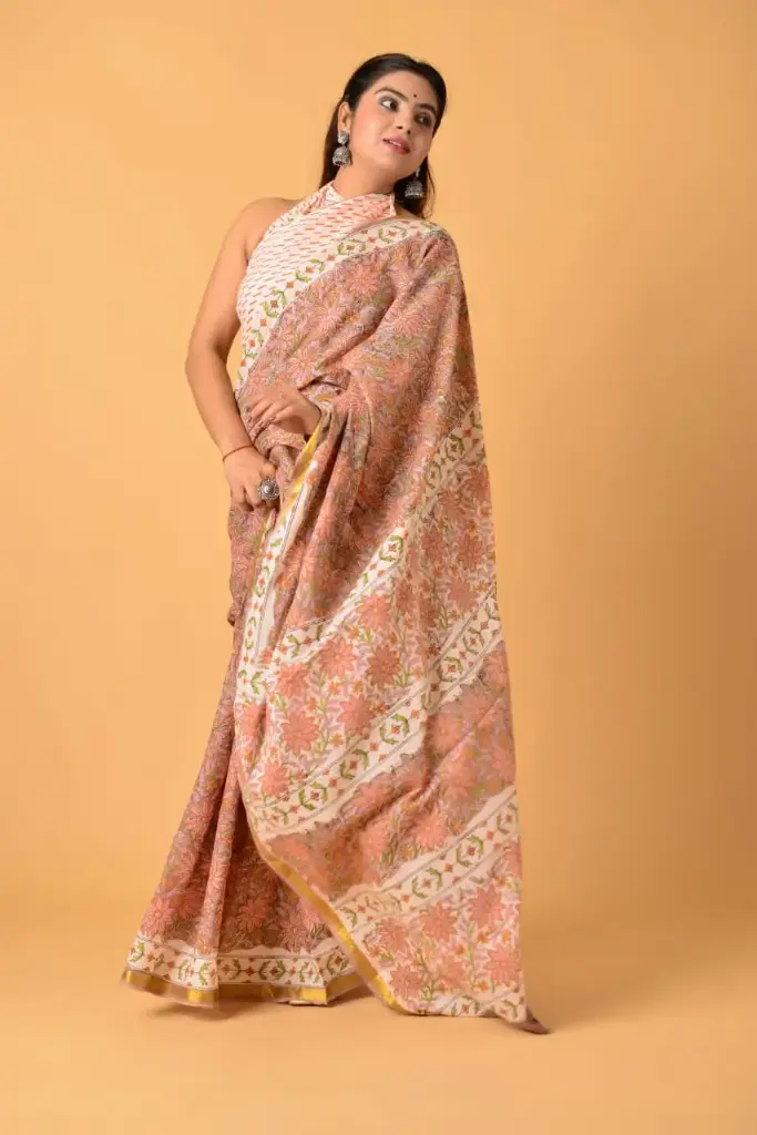 Peach & Olive Floral Handblock Print Cotton Saree with White Patterned Border