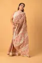 Peach & Olive Floral Handblock Print Cotton Saree with White Patterned Border