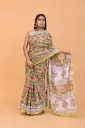 Lime Green Floral Printed Cotton Saree with Cream Pallu and Traditional Border