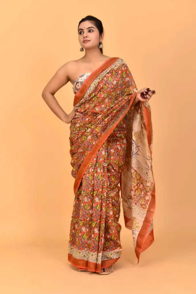 Rust Orange Handblock Floral Print Cotton Saree with Beige Pallu and Traditional Motif Border