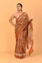 Rust Orange Handblock Floral Print Cotton Saree with Beige Pallu and Traditional Motif Border