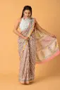 Pastel Pink Handblock-Style Floral Cotton Saree with Cream Pallu and Golden Border