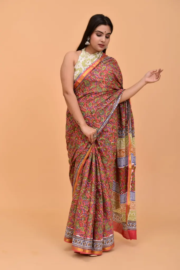 Multicolor Paisley & Floral Printed Cotton Saree with Ornate Pallu and Traditional Border