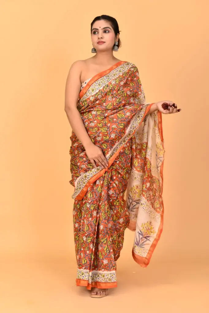 Rust Orange Handblock Cotton Saree with Floral Print and Cream Artistic Pallu 