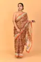 Rust Orange Handblock Cotton Saree with Floral Print and Cream Artistic Pallu 