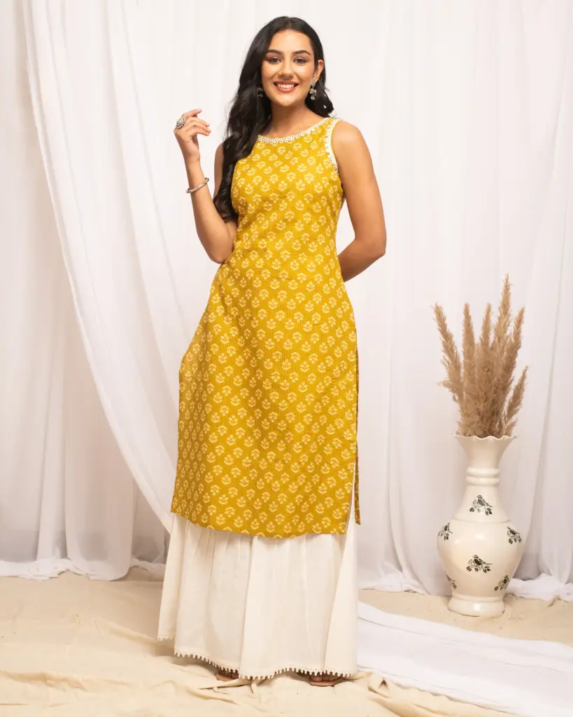 Mustard Yellow Sleeveless Printed Kurta with Lace Detailing