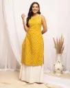 Mustard Yellow Sleeveless Printed Kurta with Lace Detailing