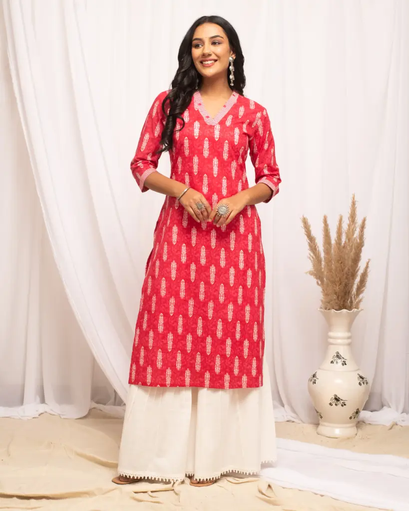 Red Printed Straight Kurta with Off-White Palazzo