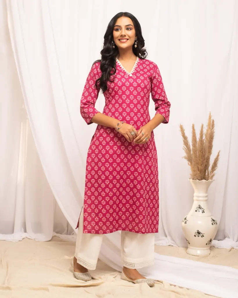 Pink Floral Printed Straight Kurta with Lace Neckline