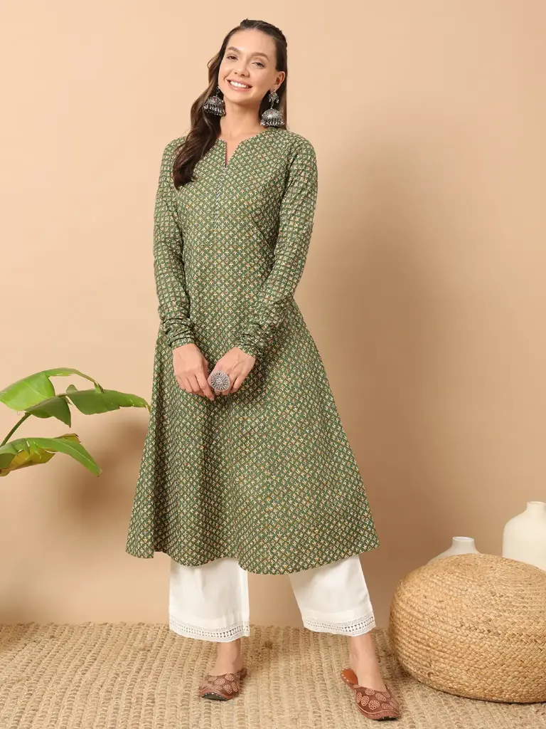 Olive Green Printed Anarkali Kurta with Notch Neckline