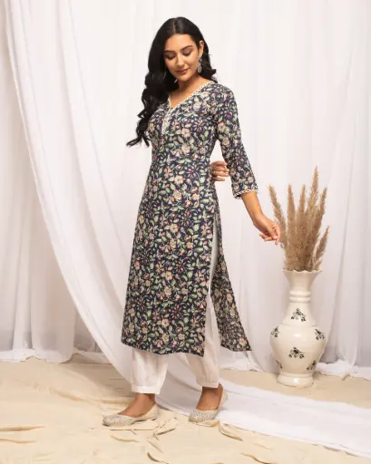 [FAR0103NAN70625] Navy Blue Floral Print Straight Kurta with Lace Detailing