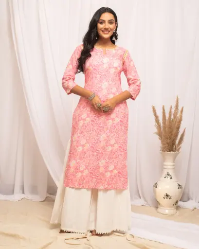 [FAR0110NAN70625] Peach-Pink Floral Print Straight Kurta with Subtle Lace Accents