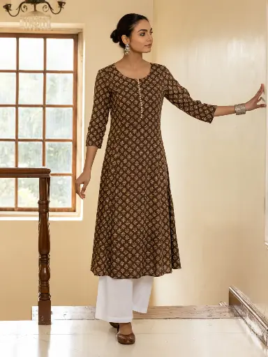 [FAR0116NAN70625] Coffee Brown A-Line Kurta with Beige Block Print