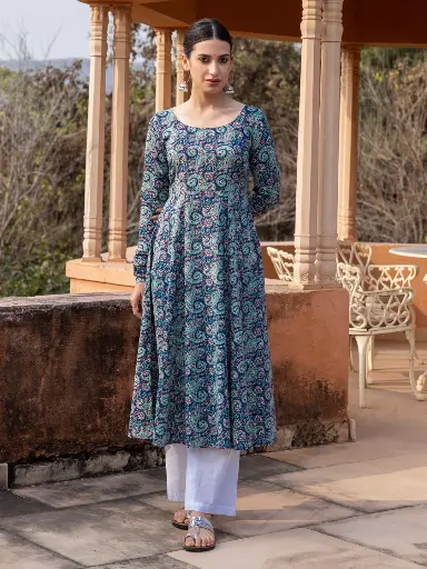 [FAR0117NAN70625] Blue Paisley Print Flared Cotton Kurta